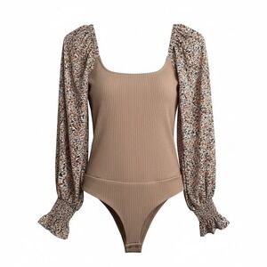 Promesa Ribbed Square Neck Floral Puff Sleeve Bodysuit Tan Brown Size L